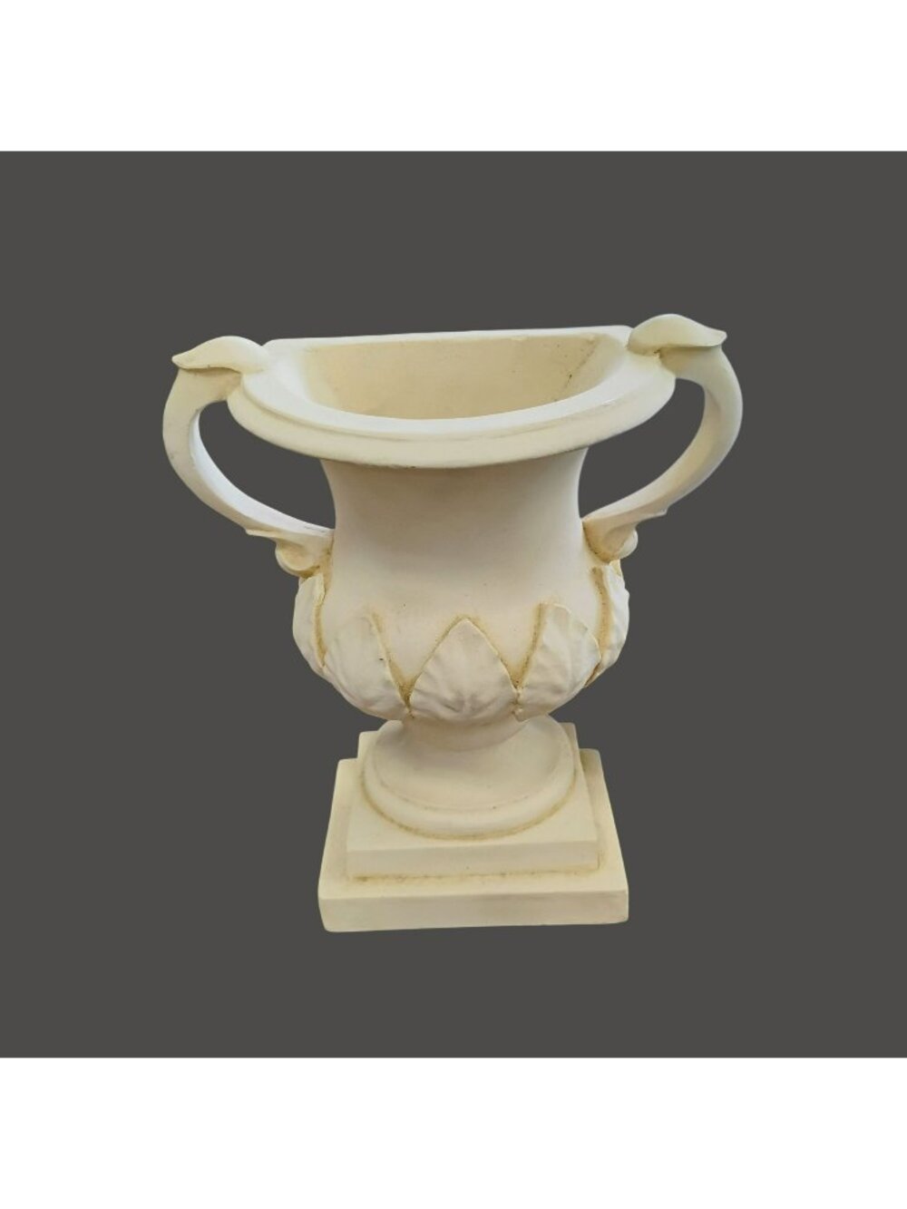 Vintage Hen Feathers Hand Cast Small Pedestal Handled Urn Planter w Leaf Detail